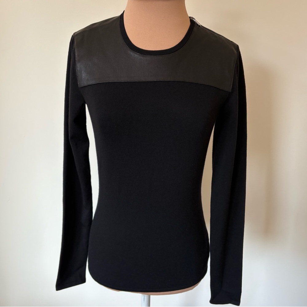 Ralph Lauren Black Label Merino Wool Leather Panel Zipper Crew Neck Top Size S